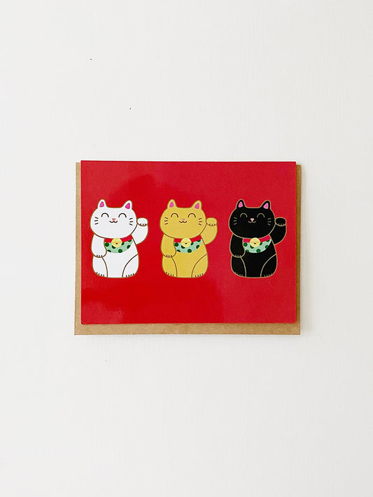 Manekineko Japanese Lucky Cat Triplets Greeting Card